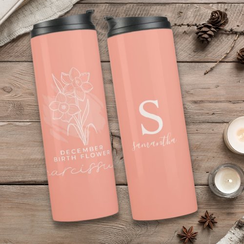 Birth Month Flower December Birthday Monogram  Thermal Tumbler