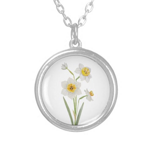 Birth Month Flower December White Narcissus Silver Plated Necklace