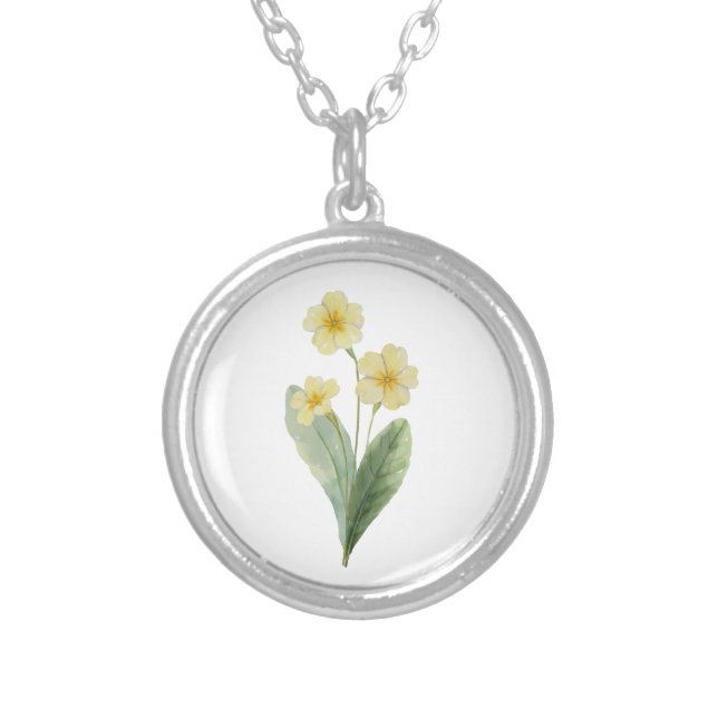 Birth Month Flower February White Yellow Primrose Silver Plated Necklace (Front)