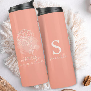 Birth Month Flower January Birthday Gift Monogram Thermal Tumbler