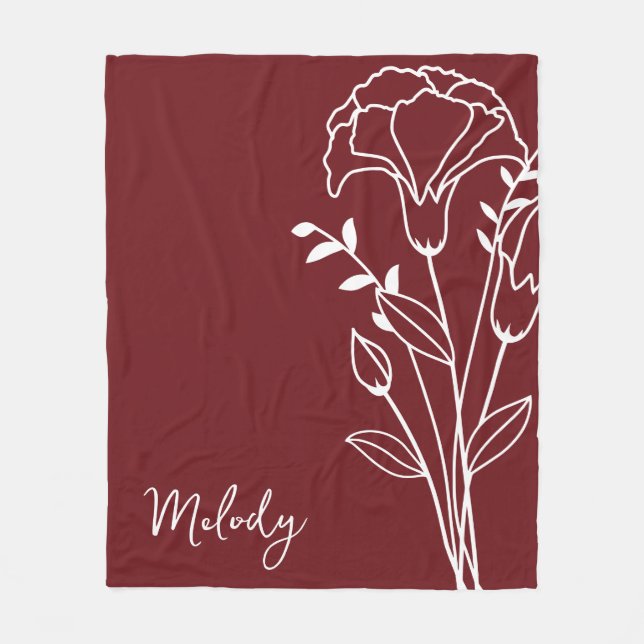 Birth Month Flower, January Maroon Script Name  Fleece Blanket (Front)