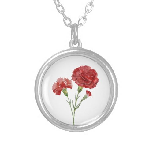 Birth Month Flower January Red Carnation Silver Plated Necklace