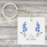 Birth Month Flower July Larkspur Keychain<br><div class="desc">Birth month flower July Larkspur keychain with an illustration of a larkspur flower. Below the flower, the name is written in a stylish script font. Beneath the name, it states "July - Larkspur, " indicating that the owner's birth month is July and her birth flower is the larkspur. It is...</div>