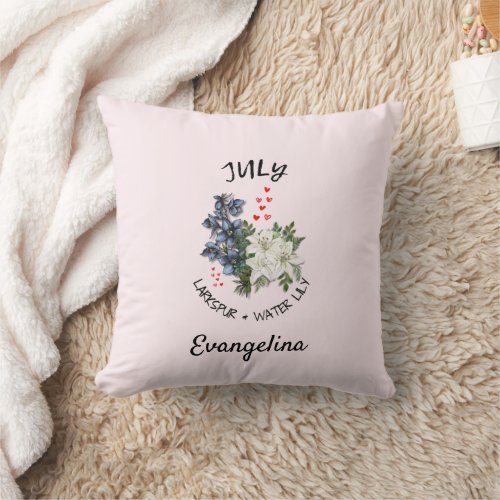 Birth Month Flower JULY Pink Floral Personalized Throw Pillow