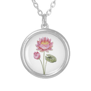 Birth Month Flower July Pink Water Lily Silver Plated Necklace