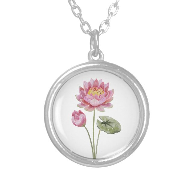 Birth Month Flower July Pink Water Lily Silver Plated Necklace (Front)
