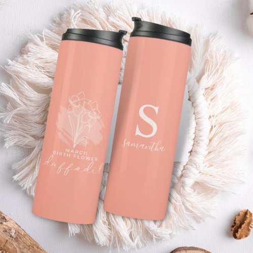 Birth Month Flower March Birthday Gift Monogram Thermal Tumbler