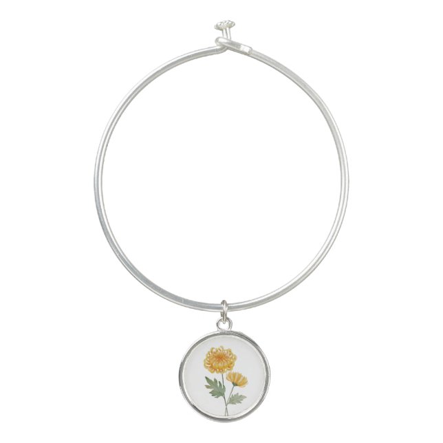 Birth Month Flower November Yellow Chrysanthemum Bangle Bracelet (Front)