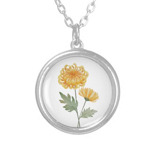 Birth Month Flower November Yellow Chrysanthemum Silver Plated Necklace