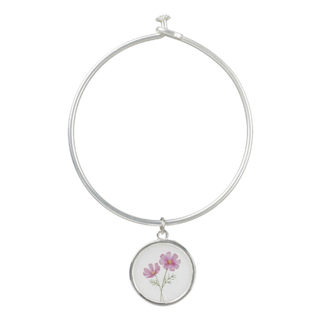 Birth Month Flower October Pink Cosmos Bangle Bracelet (Front)