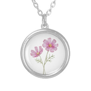 Birth Month Flower October Pink Cosmos Silver Plated Necklace