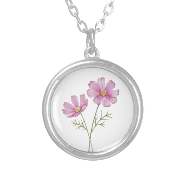 Birth Month Flower October Pink Cosmos Silver Plated Necklace (Front)