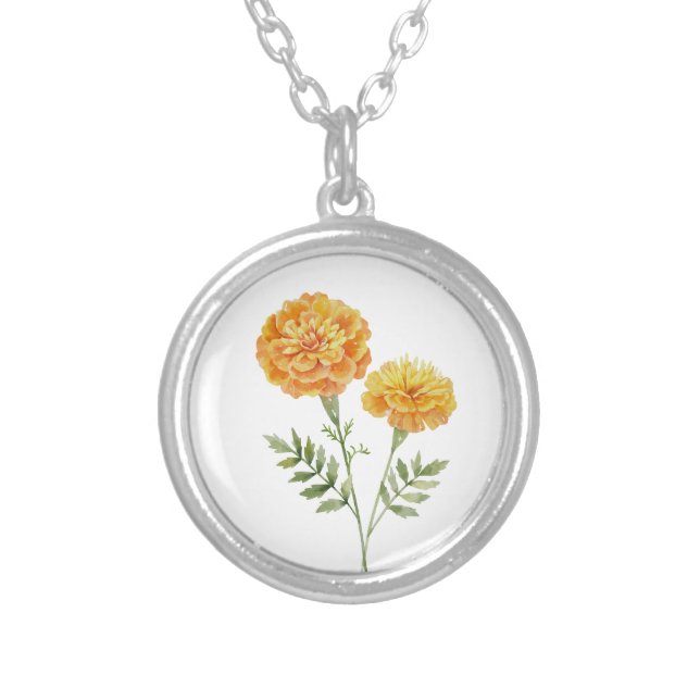 Birth Month Flower October Yellow Marigold Silver Plated Necklace (Front)