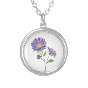 Birth Month Flower September Purple Aster Silver Plated Necklace