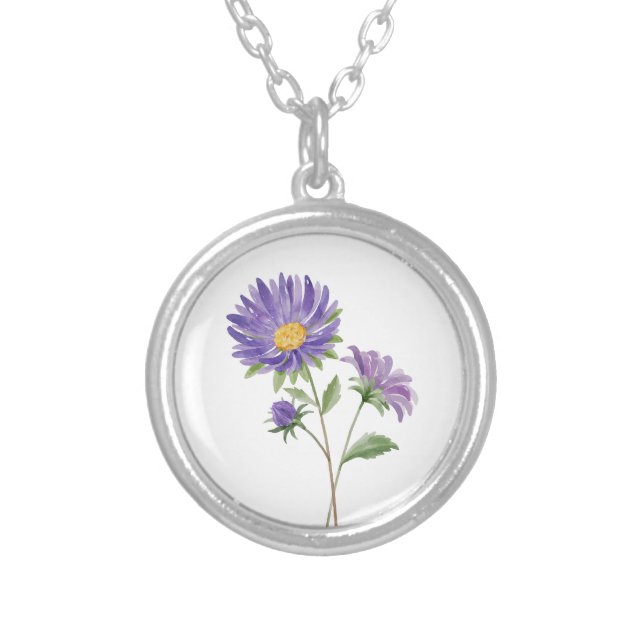 Birth Month Flower September Purple Aster Silver Plated Necklace (Front)