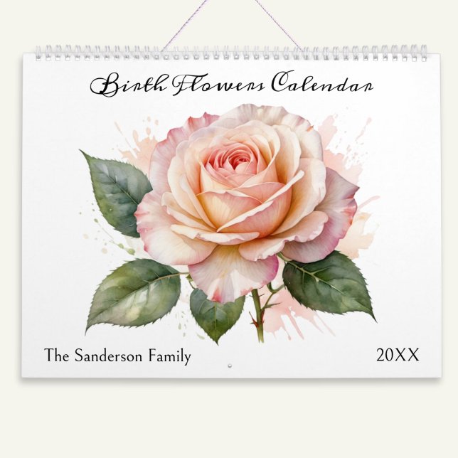 Birth Month Flowers Watercolor Personalized Calendar (A very pretty calendar with the theme of 'Birth Flowers', each illustrated in a watercolor style)