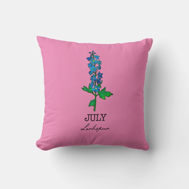 Birth Month July Larkspur Flower Throw Pillow (Front)
