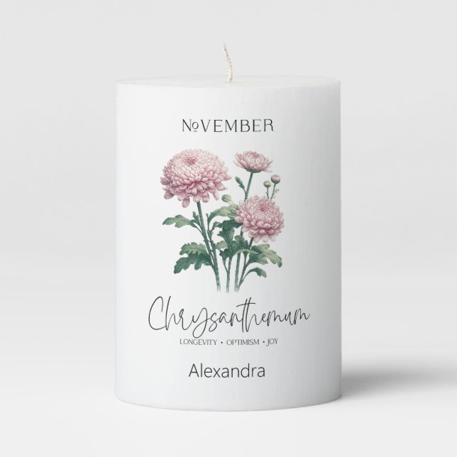 Birth Month November | Flower Chrysanthemum Pillar Candle (Front)