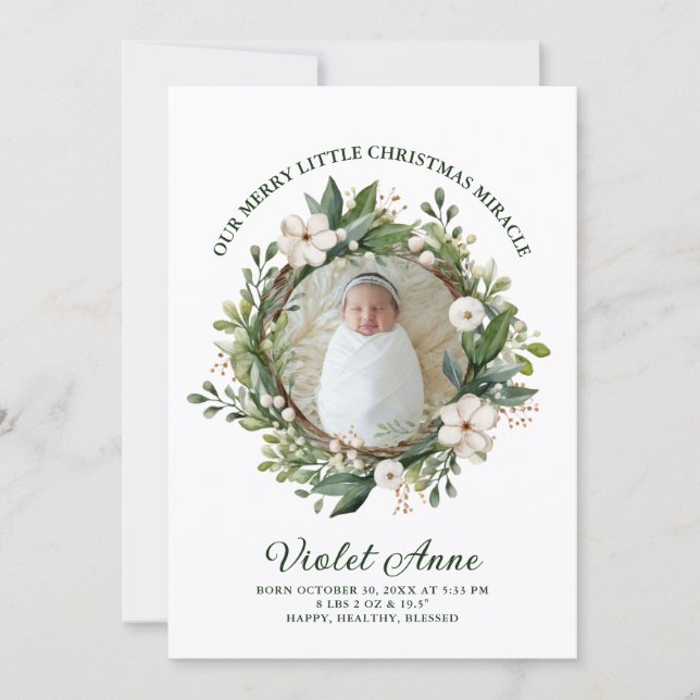 Birth New Baby Photo Wreath Christmas Miracle Holiday Card (Front)