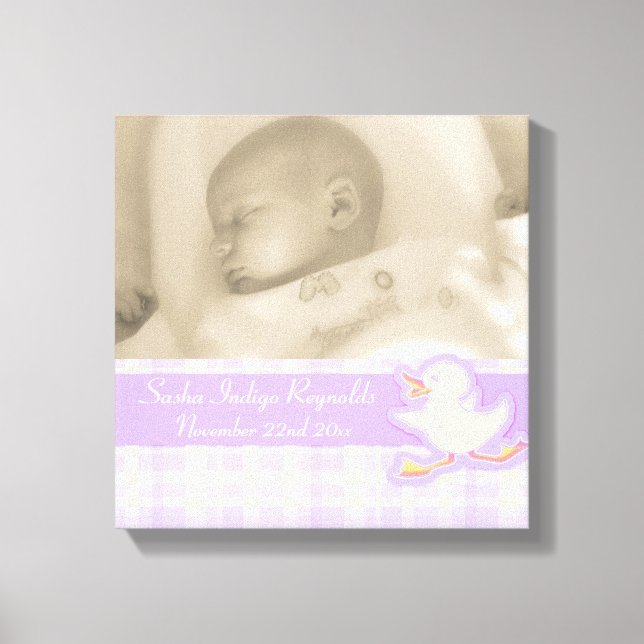 Birth photo purple check and duck canvas wrap (Front)