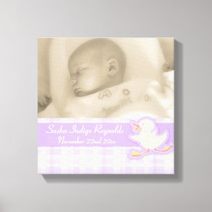 Birth photo purple check and duck canvas wrap print