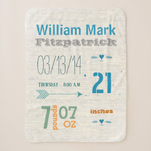 Birth Record Baby Boy Birth Stats Blue Green Coral Sherpa Blanket
