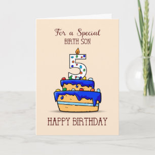 Birth Son 5th Birthday, 5 on Sweet Blue Cake Card