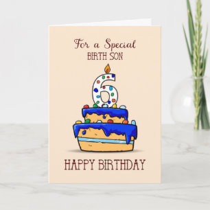 Birth Son 6th Birthday, 6 on Sweet Blue Cake Card