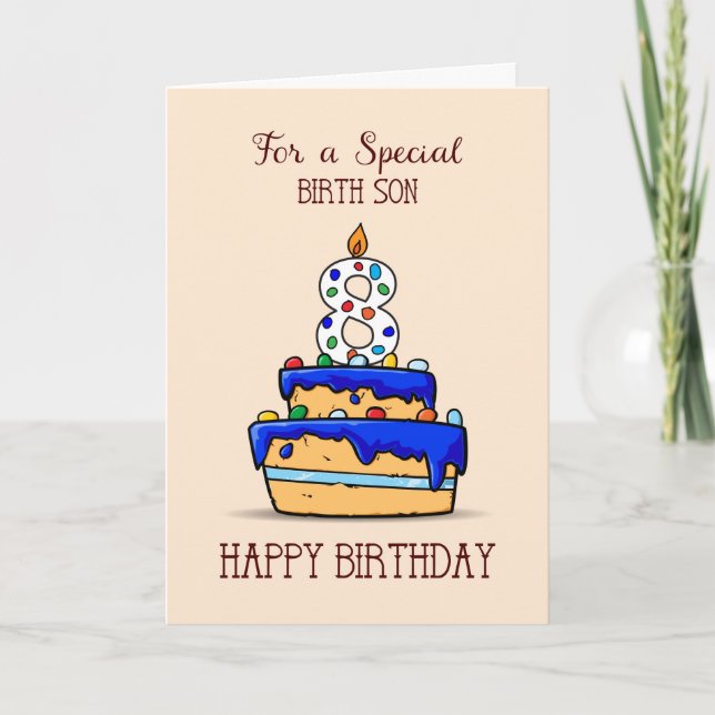 Birth Son 8th Birthday, 8 on Sweet Blue Cake Card (Front)