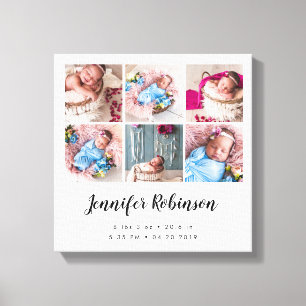 Birth Stat Photo Collage White Canvas Print