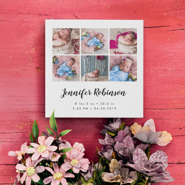 Birth Stat Photo White Faux Canvas Print (Celebrate your baby with this photo collage canvas that allows you to add name, weight, length.)