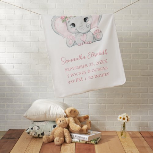 Birth Stat Pink Baby Elephant Baby Girl Gift   Baby Blanket