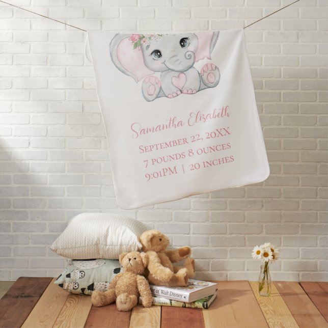 Birth Stat Pink Baby Elephant Baby Girl Gift   Baby Blanket (In Situ)