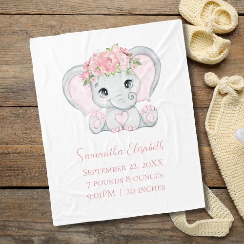 Birth Stat Pink Baby Elephant Baby Girl Gift  Baby Fleece Blanket