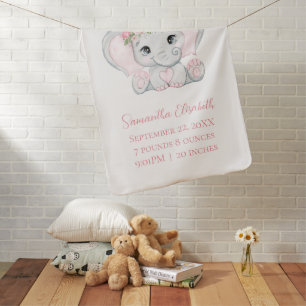 Birth Stat Pink Baby Elephant Baby Girl Gift   Blanket