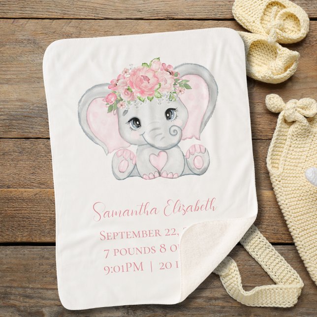 Birth Stat Pink Baby Elephant Baby Girl Gift  Sherpa Blanket (Pink Elephant Sherpa Baby Blanket. Personalized with name and birth stats)