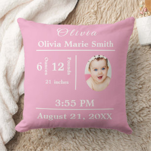 Birth Statistics Baby Girl Photo Nursery Pink Throw Pillow