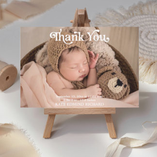 Birth Stats 2 Photos Typography Baby Shower Thank You Card