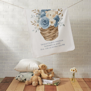 Birth Stats Baby Bear Blue Beige Floral Boho Blanket