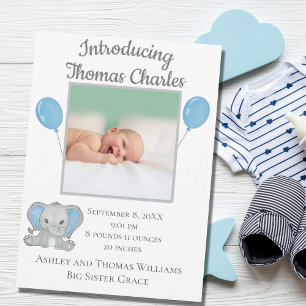 Birth Stats Baby Boy Blue Elephant Baby Announcement