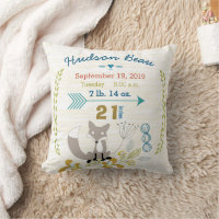 Birth Stats Baby Boy Woodland Creatures Fox Throw Pillow