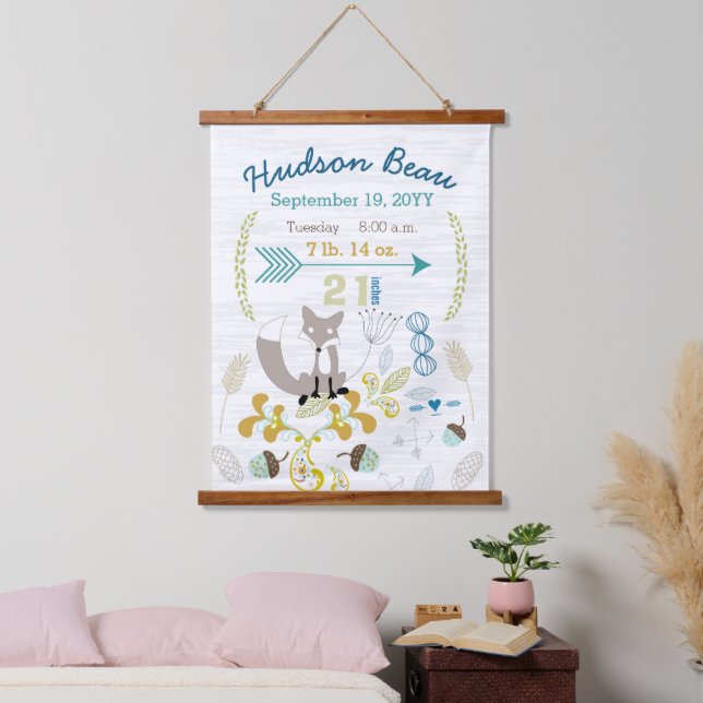 Birth Stats Baby Boy Woodland Fox Wall Hanging Hanging Tapestry (Bedroom)