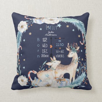 Birth Stats Baby Decor Watercolor Deer Flowers Throw Pillow