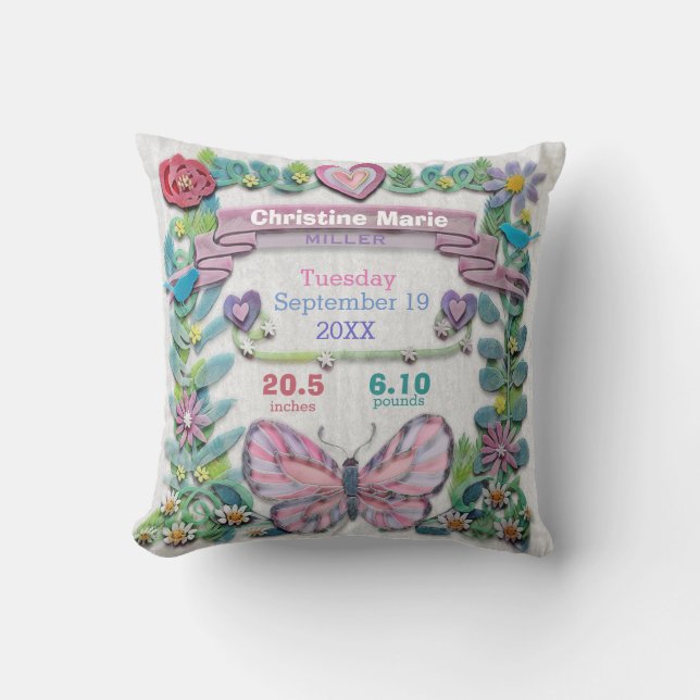 Birth Stats Baby Girl Butterfly with Flowers Throw Pillow (Front)
