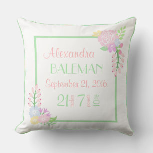 Birth Stats Baby Girl Floral Throw Pillow, 2 sides Pillow