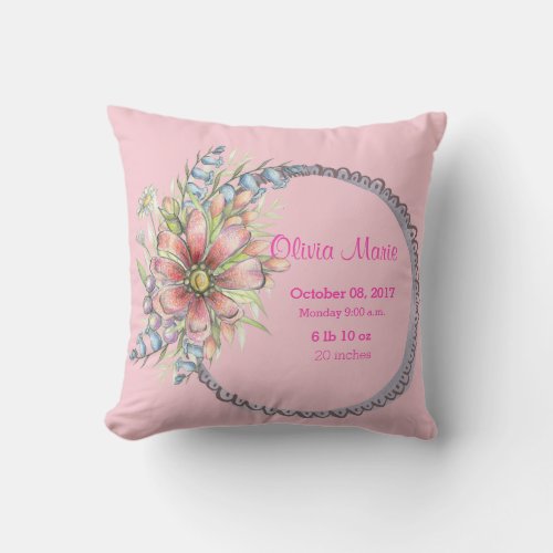 Birth Stats Baby Girl Floral Wreath Throw Pillow