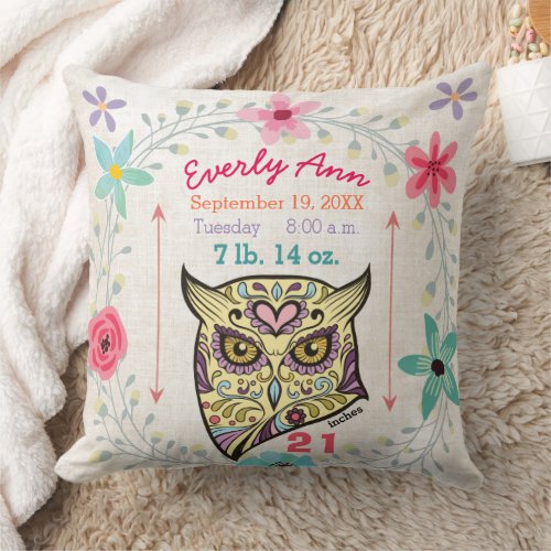 Birth Stats Baby Girl Forest Creature Owl Throw Pillow