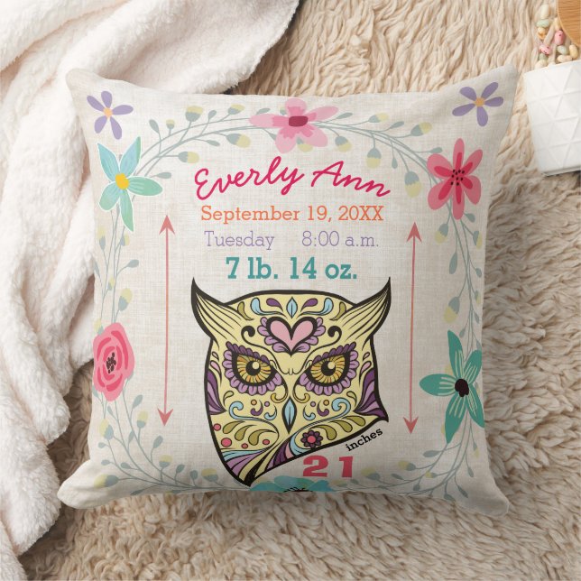 Birth Stats Baby Girl Forest Creature Owl Throw Pillow (Blanket)
