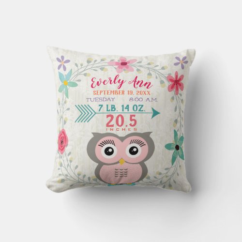 Birth Stats Baby Girl Forest Creature Pink Owl Throw Pillow