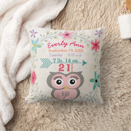 Birth Stats Baby Girl Forest Creature Pink Owl Throw Pillow